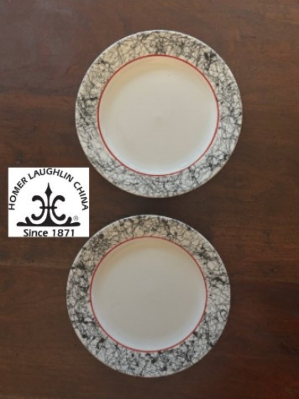 (2) Homer Laughlin Salad Plates with Black Marbling & Red Band - Pair